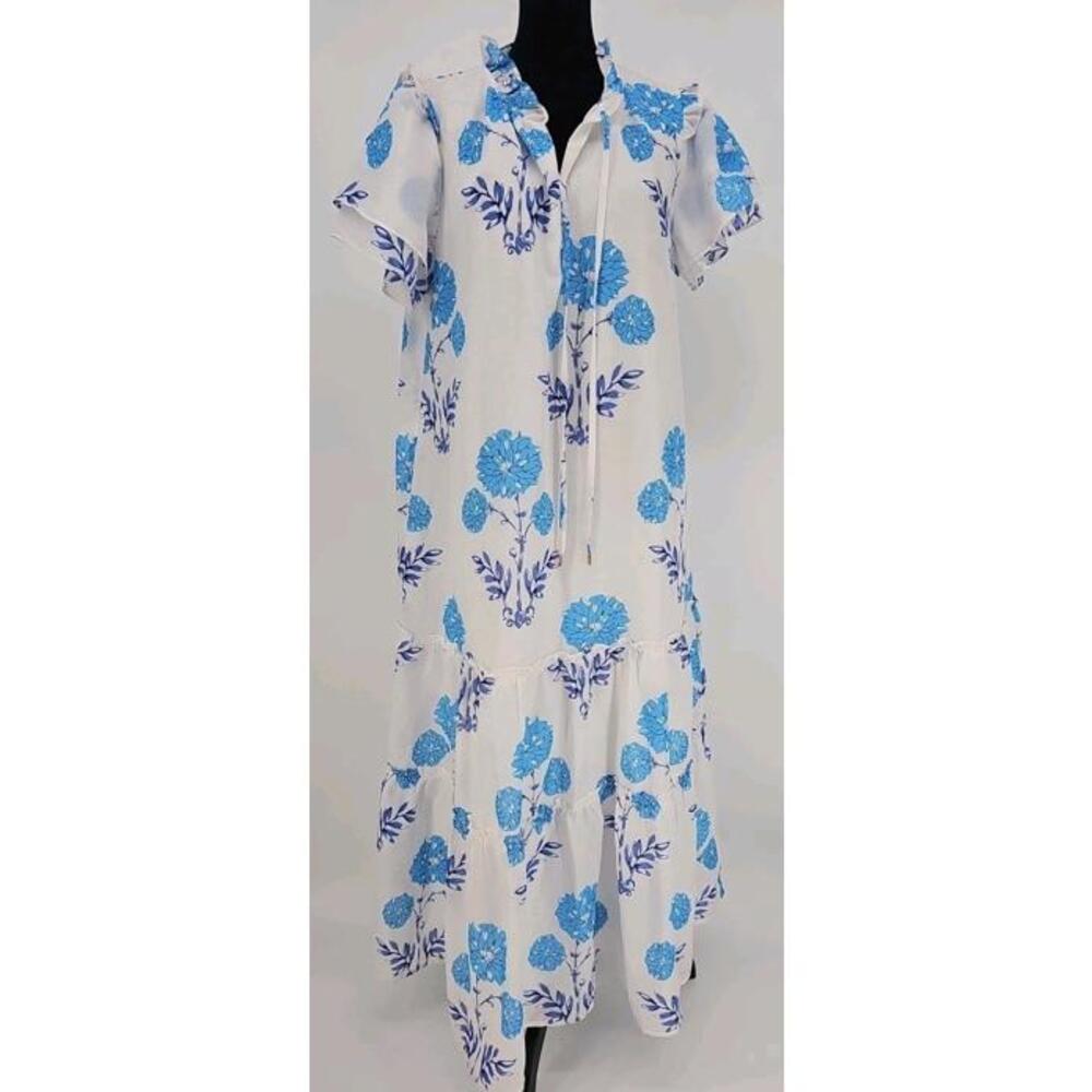 J. Marie Tier Maxi Dress Large Blue White Floral Oversized Ruffles Boho Romantic